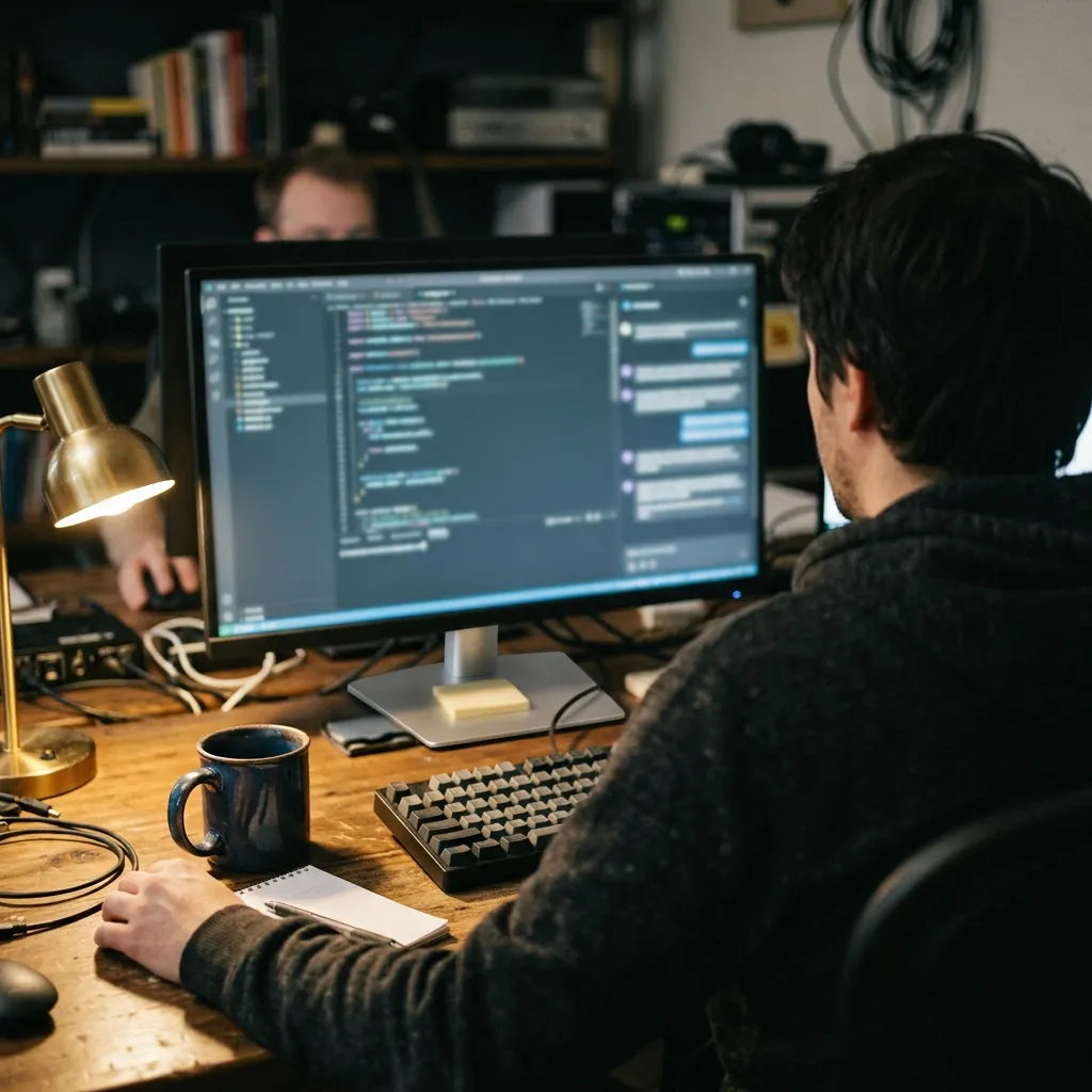 A developer's monitor showing an AI coding assistant writing and testing code.