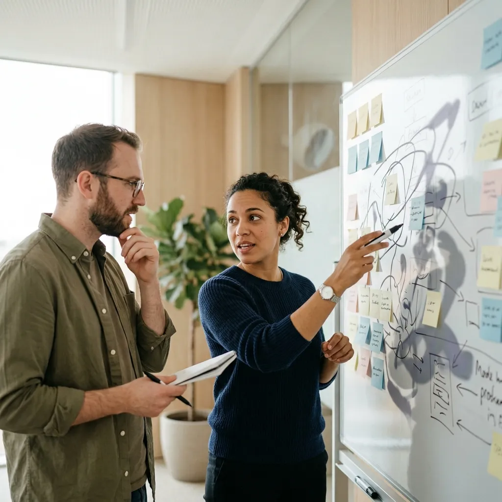 Two colleagues working through a plan at a whiteboard.