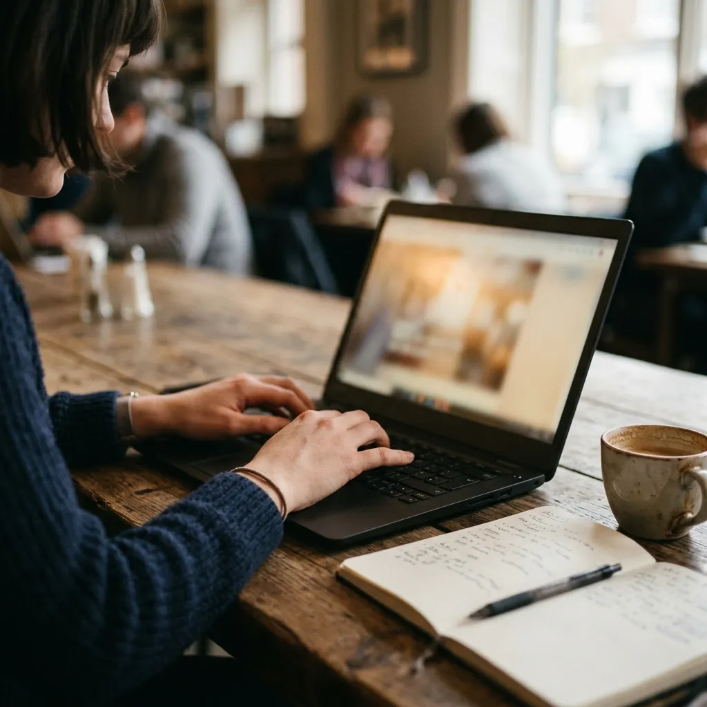 Hands typing on a laptop at a warm wooden desk.