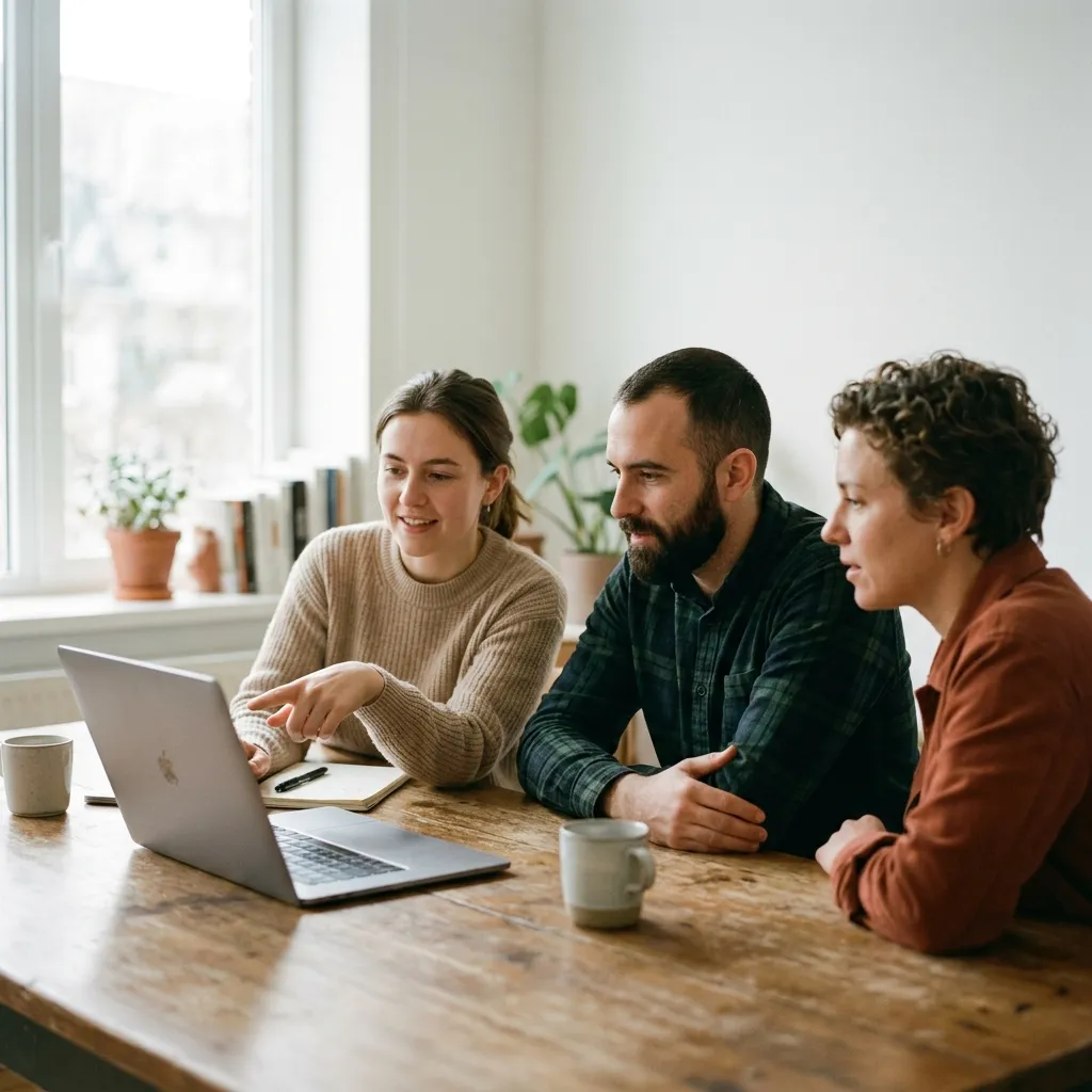 Three colleagues reviewing work on a laptop in a bright office.