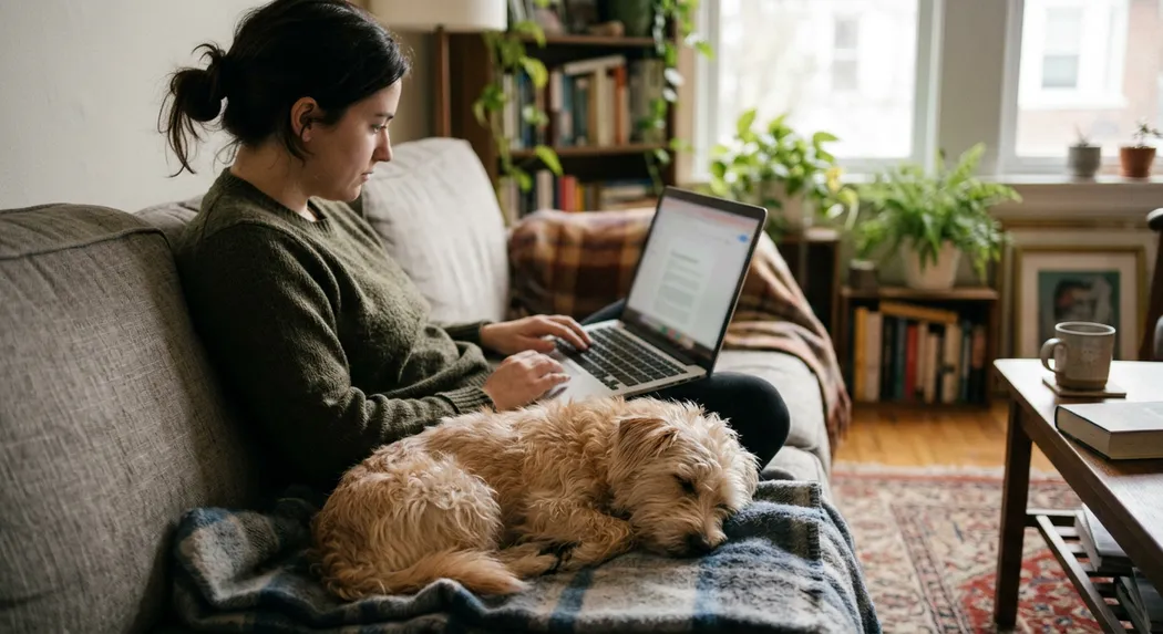 A small dog on a couch next to a person with a laptop.