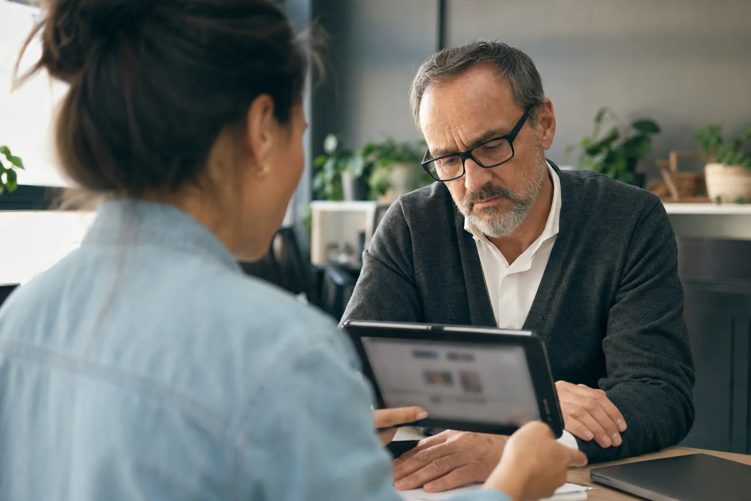 A younger colleague hands a tablet to a senior manager, who reads the draft before approving it