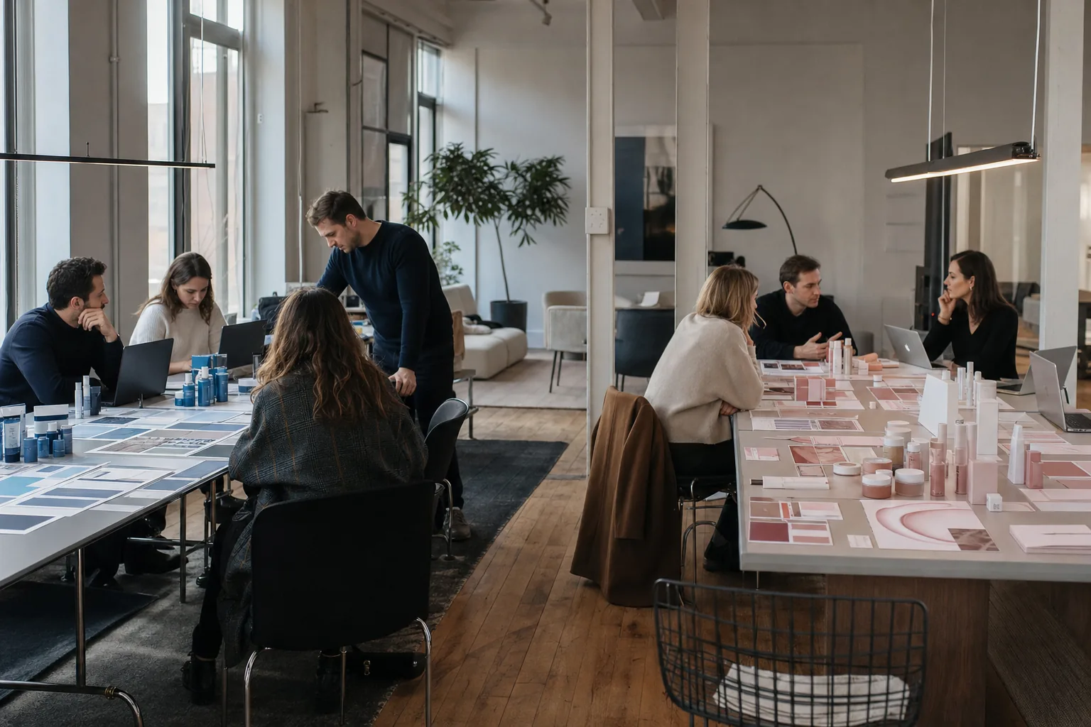 Two small teams at two long tables in one open office, each with its own product samples and boards, two brands under one roof