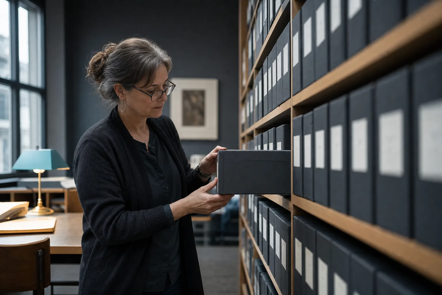 An archivist in a quiet reading room pulls one labelled box from a long shelf of identical boxes, reading glasses on, window light from the left