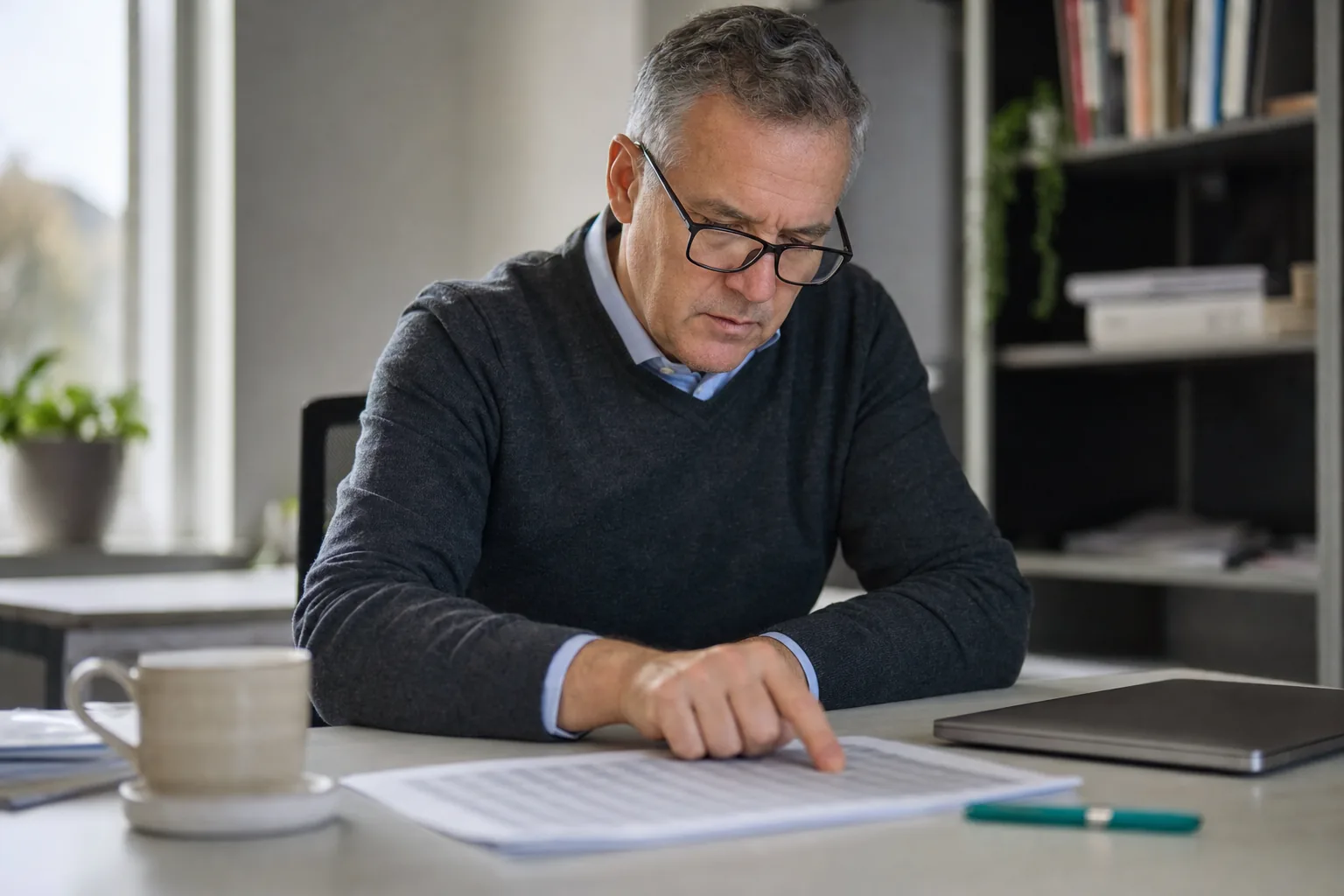 A finance controller at a desk runs a finger down a printed ledger, laptop closed, reading glasses on