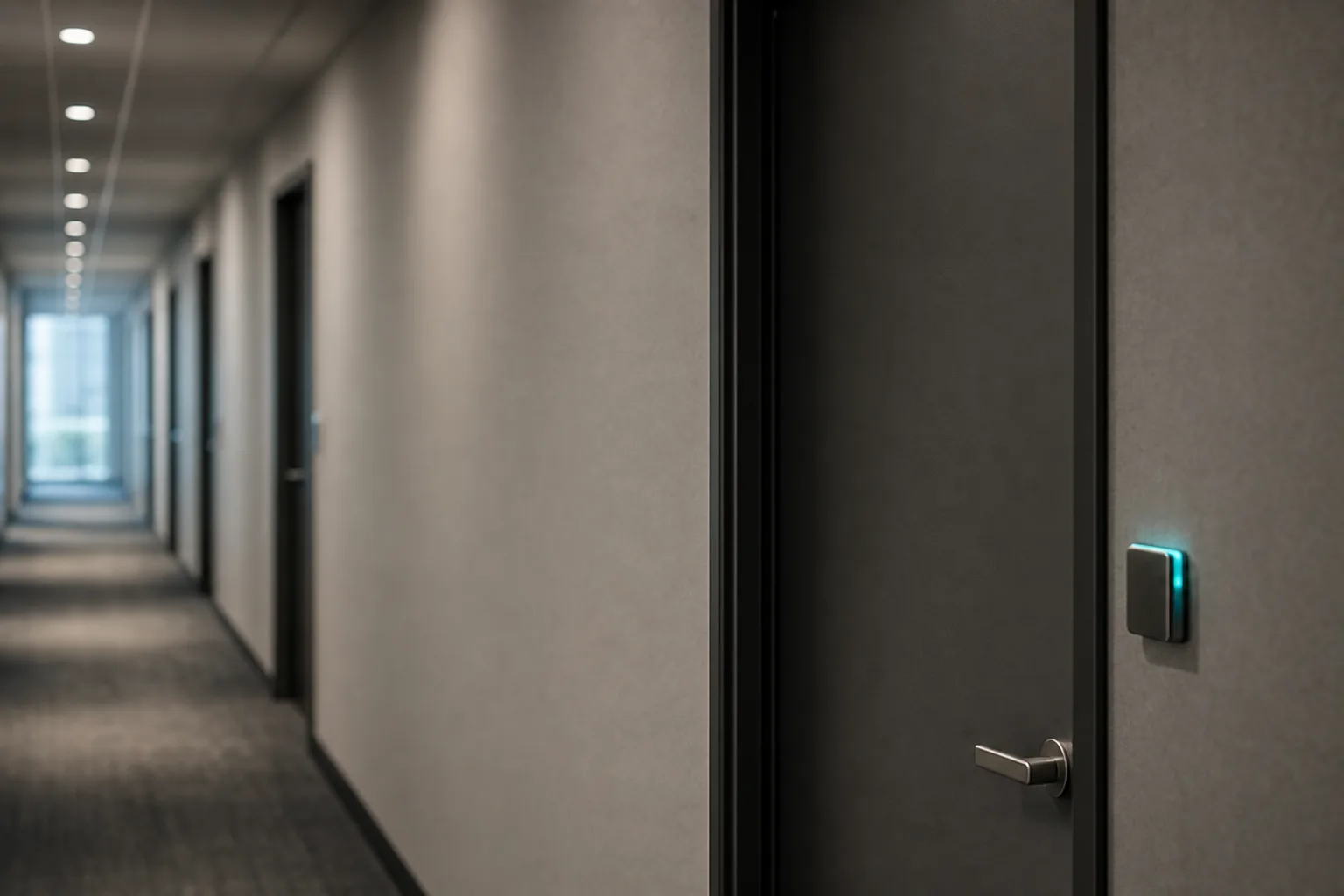A long office corridor, every door out of focus except one: a closed charcoal door with a small badge reader glowing beside it