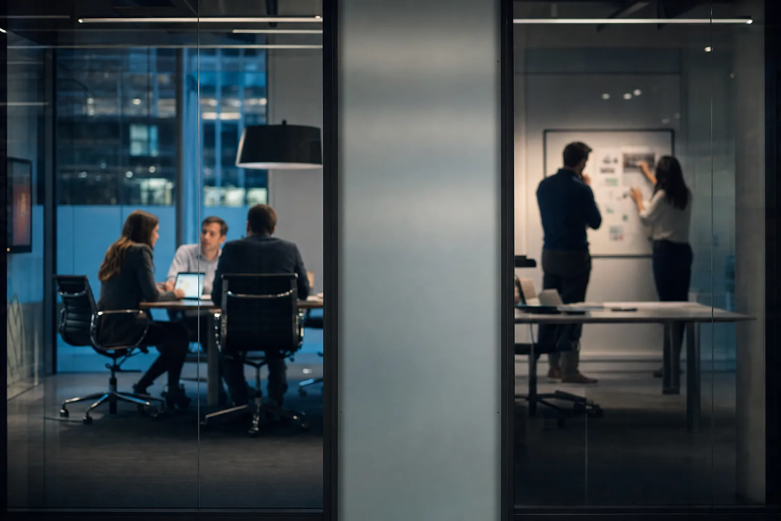 Two glass meeting rooms side by side at dusk, a frosted wall between them; a team around a table in one, two people at a whiteboard in the other, neither able to see the other