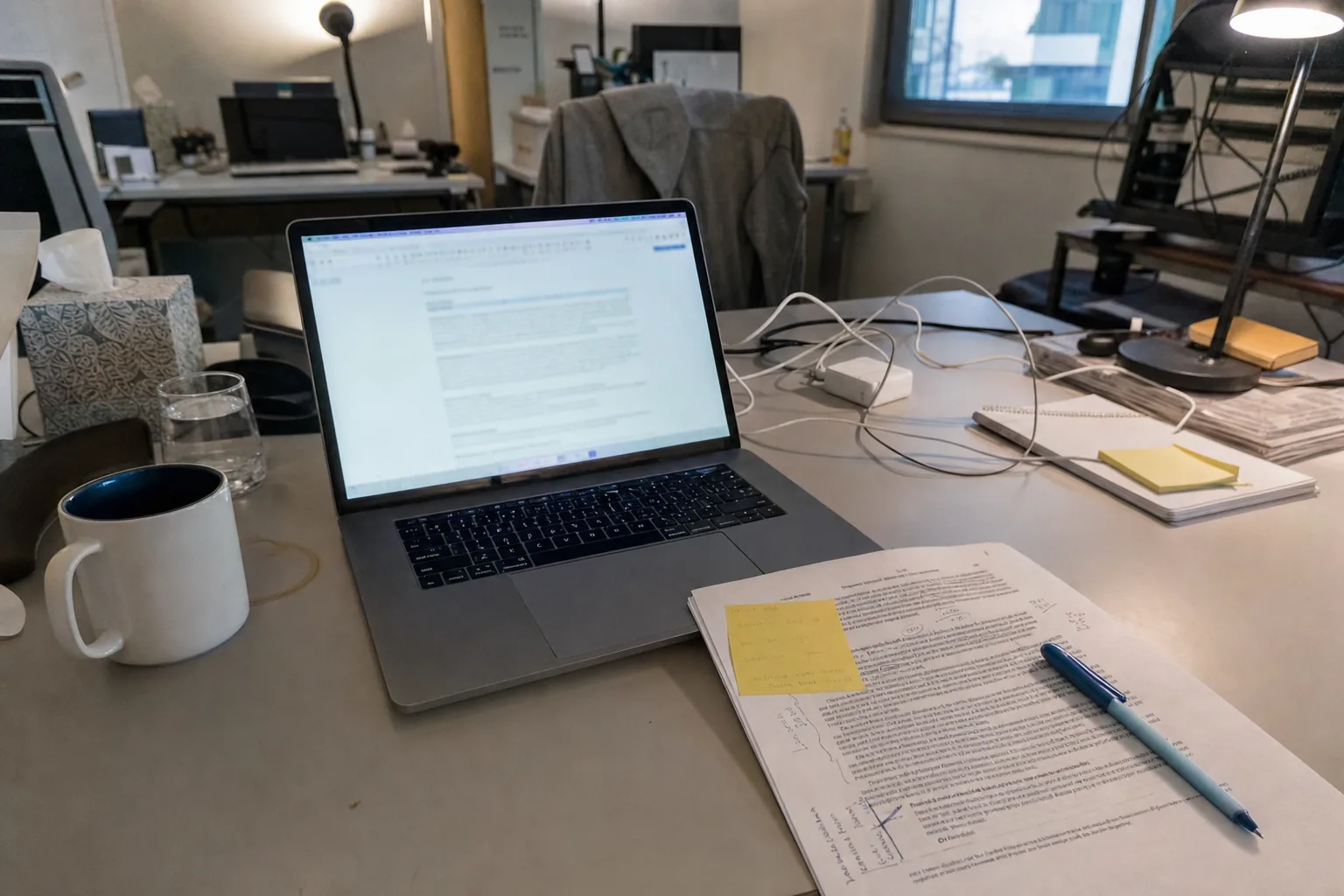A consultant’s desk in a shared office: a laptop, a marked-up printout, a coffee mug and a tangle of cables