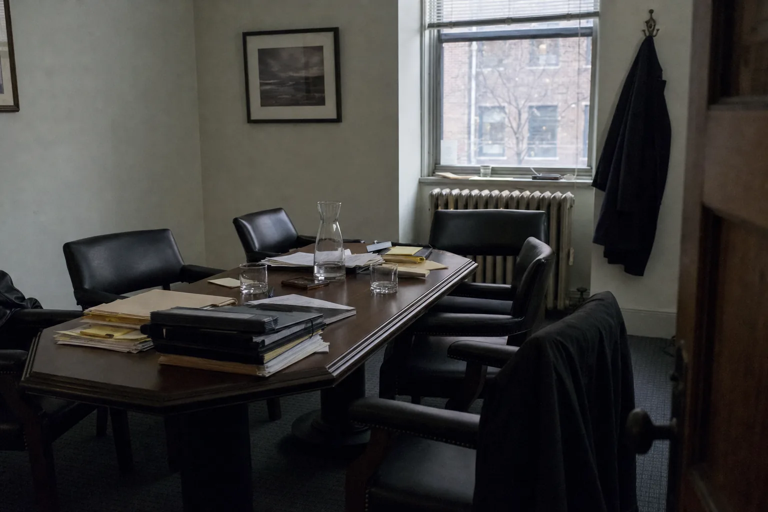 A small law office: a coat over the chair, piles of files and binders, sticky notes on the monitor