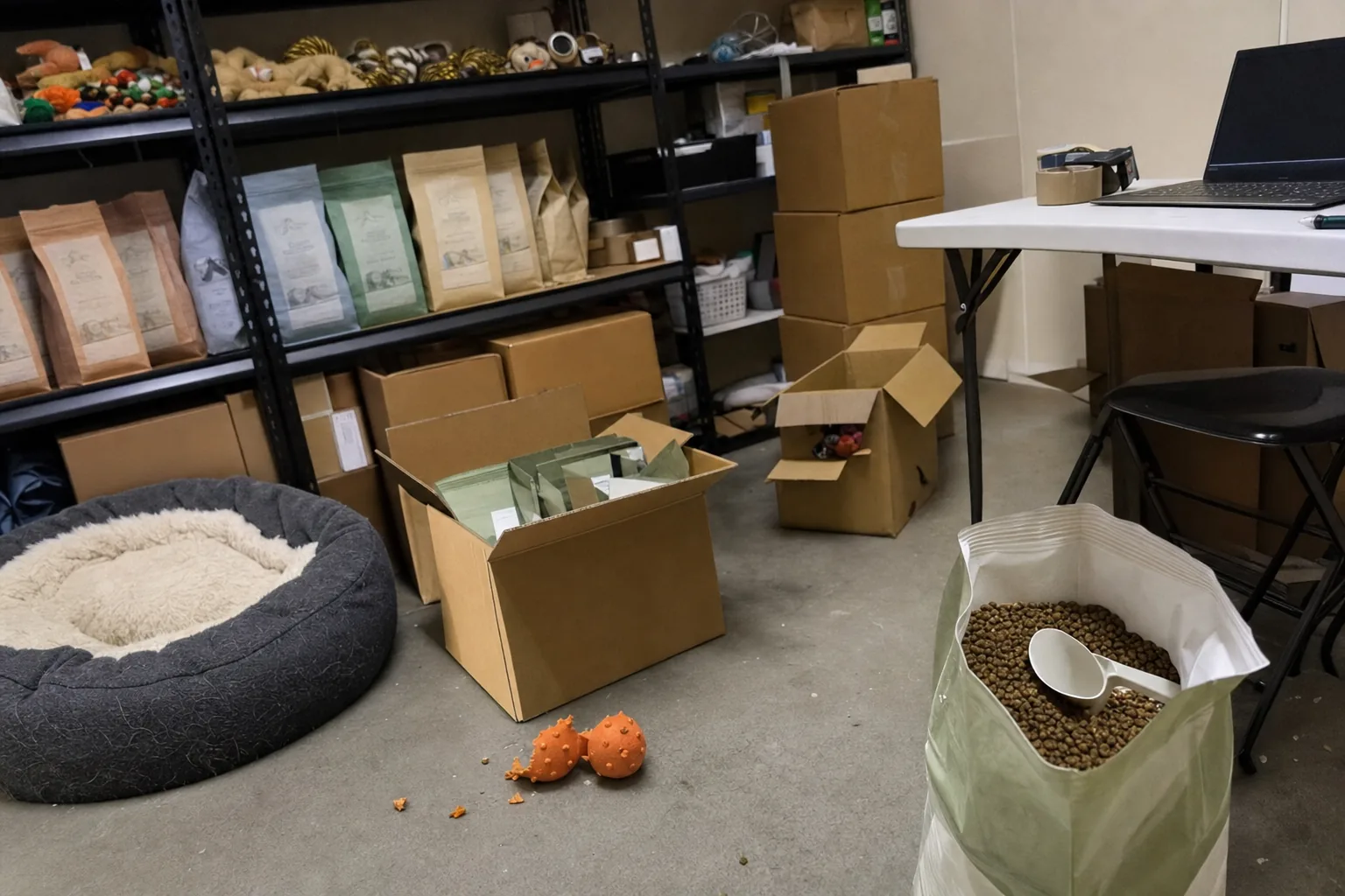 A dog food brand’s storeroom: an open bag of kibble, a chewed orange toy, half-packed boxes and a dog bed